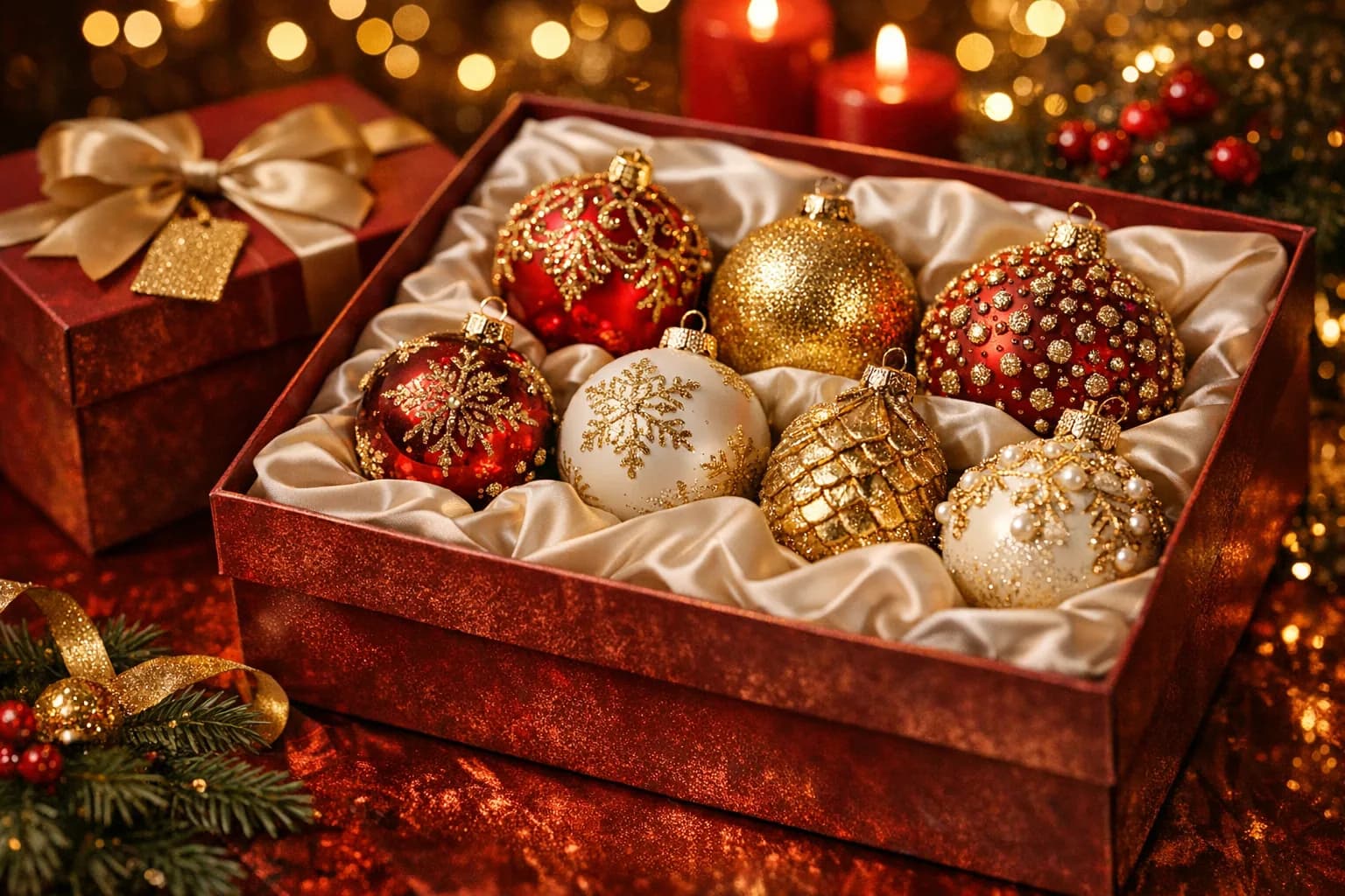 Elegantes Geschenkset mit goldenen und weißen Weihnachtskugeln aus Glas, festlich verpackt