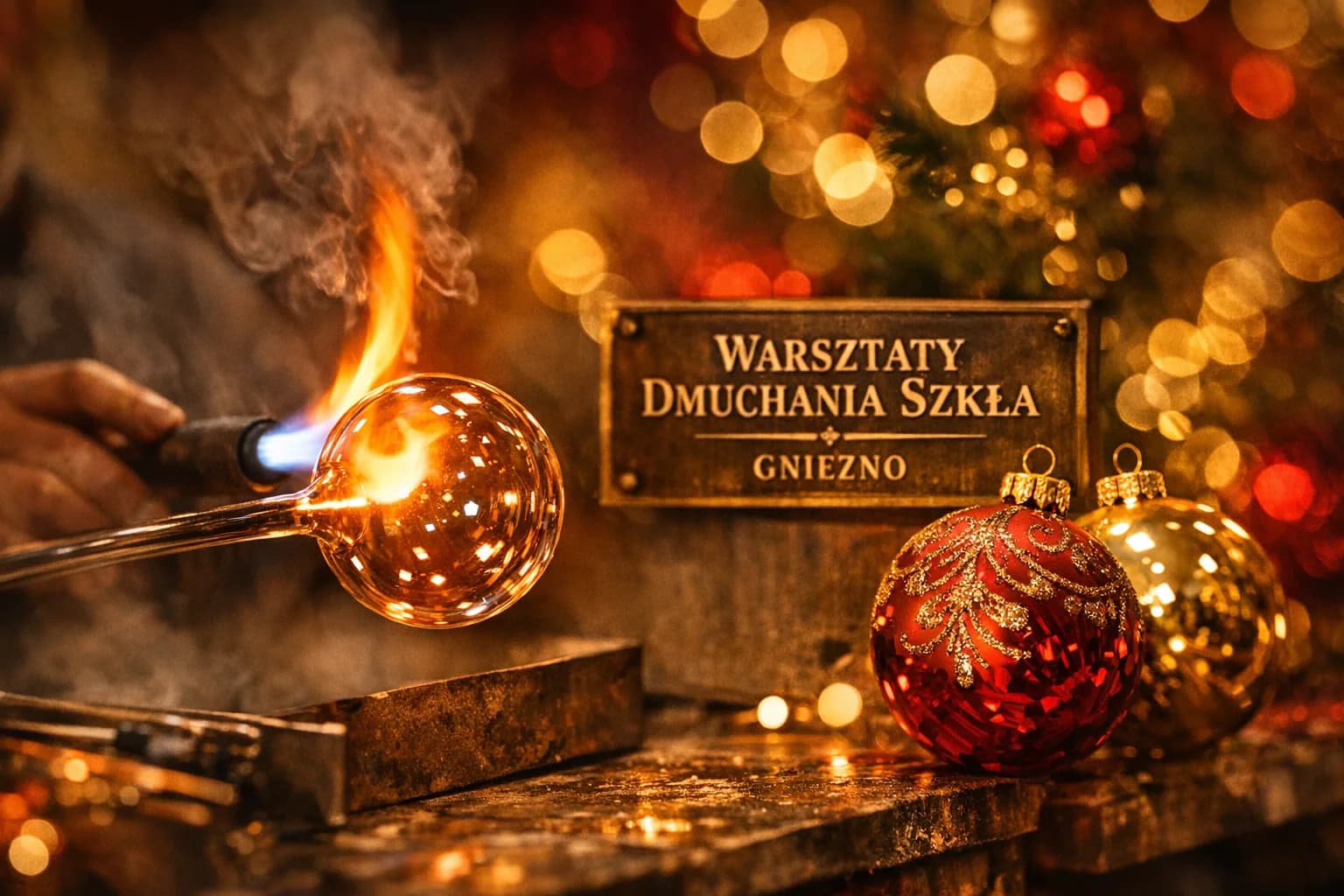Uczestnik warsztatów dmuchania szkła w Gnieźnie formuje bombkę choinkową przy stanowisku hutniczym w manufakturze Bolglass