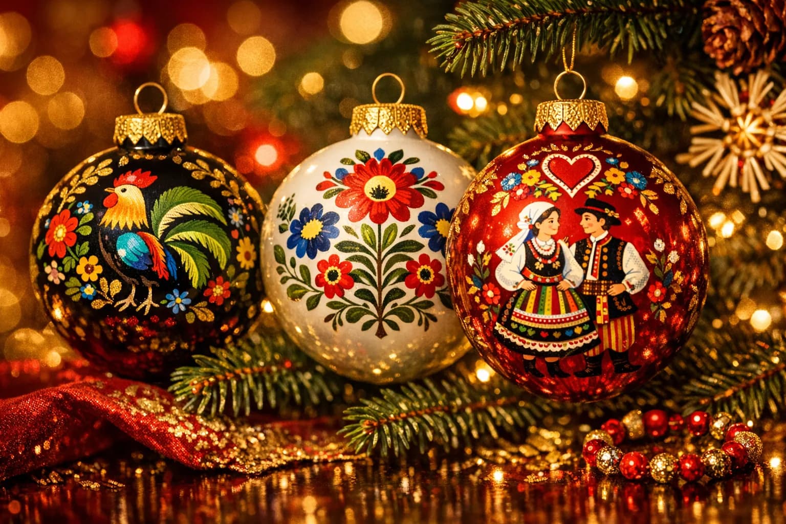 Handbemalte Glasweihnachtskugeln mit polnischen Folklore-Motiven – Łowiczer Streifen und Blumenmuster an einem Weihnachtsbaum