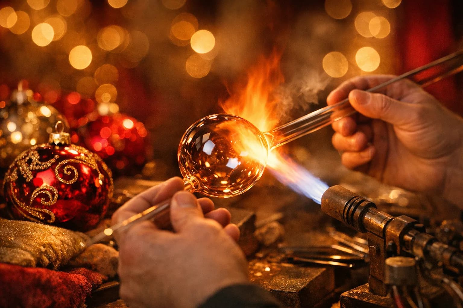 Handwerker bläst ein Glasrohr mit dem Mund, um eine Weihnachtskugel in der Manufaktur Bolglass in Gniezno zu formen